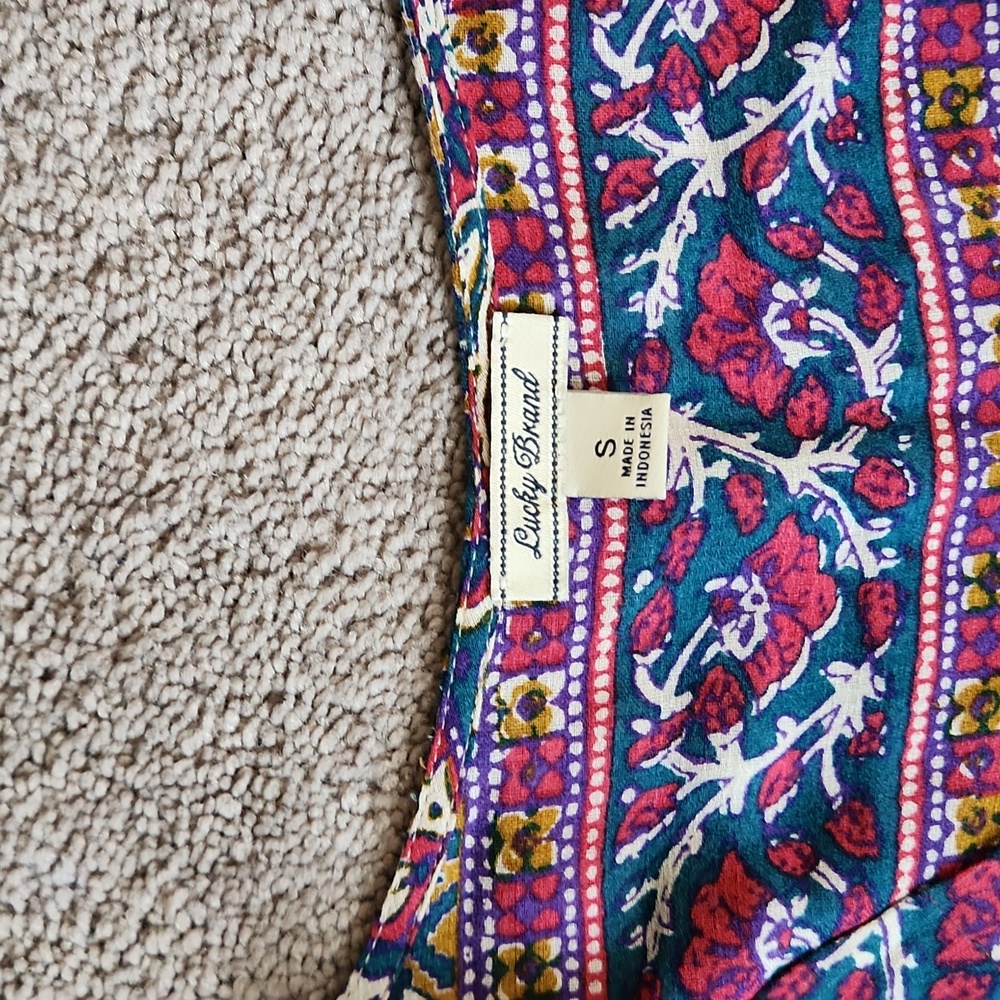 Lucky Brand Floral Boho Maxi Dress Size S White Multicolor Cap Sleeve - Picture 3 of 5